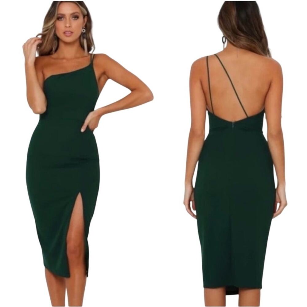 Hello Molly Taking it Back Midi Dress One Shoulder Strappy Bodycon Dark Green 10